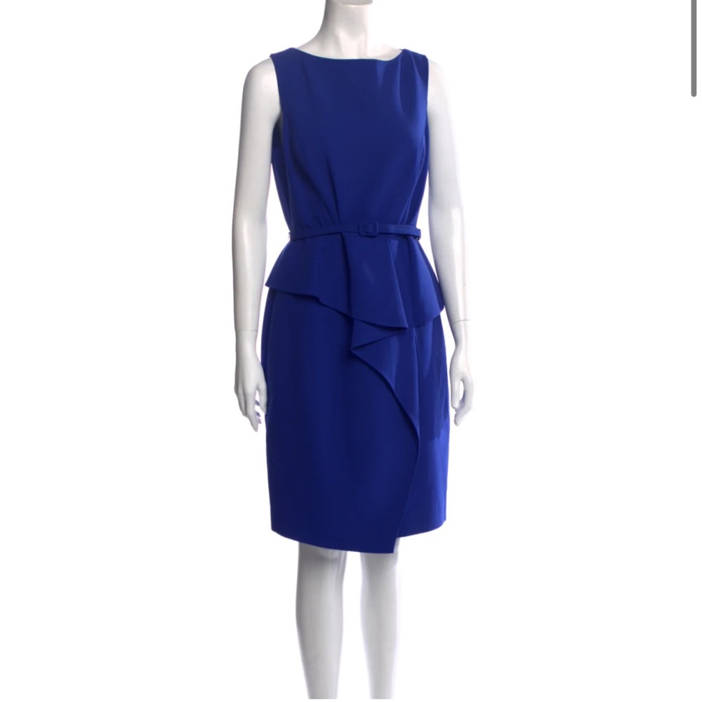 EUC Oscar De La Renta Knee Length Blue Wool Sheath Dress with Belt US Size 10